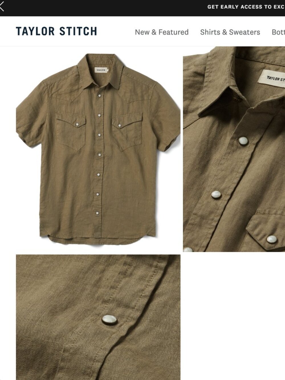Taylor Stitch The Short Sleeve Western Olive Green Linen Medium / 40